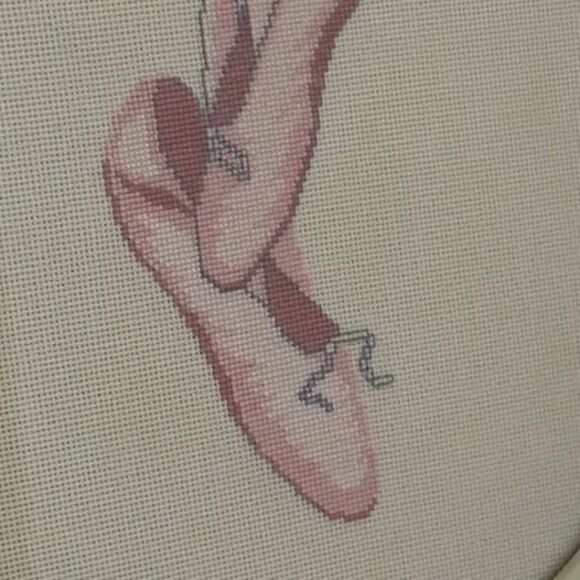 Framed Cross Stitch Ballerina Shoes In Gorgeous white with Gold Oval Wood Frame - Picture 2 of 8